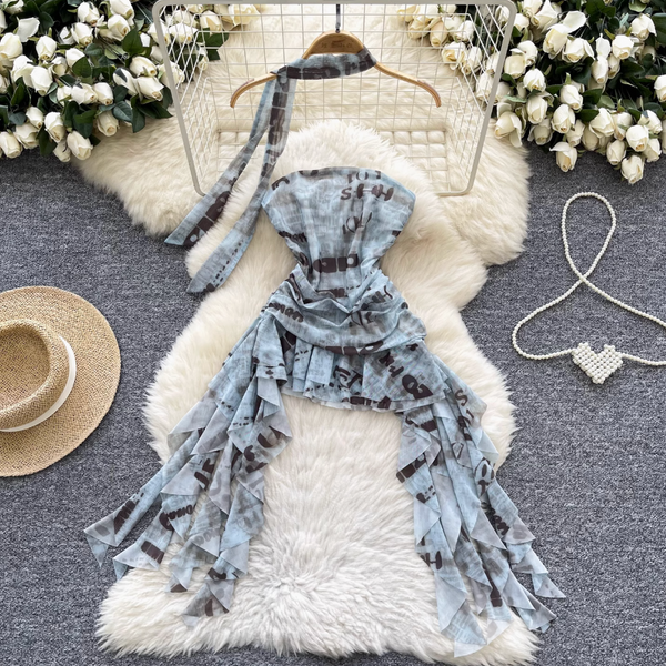 Irregular Design Monogrammed Printed Bustier Dress