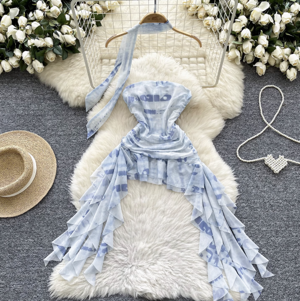 Irregular Design Monogrammed Printed Bustier Dress