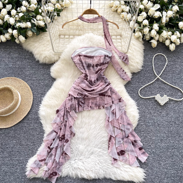 Irregular Design Monogrammed Printed Bustier Dress