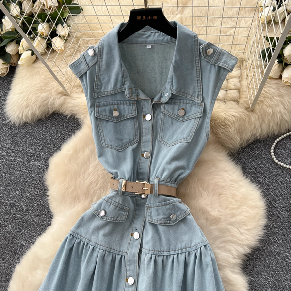 Lapeled Sleeveless Vintage Denim Dress