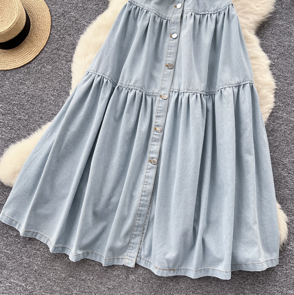 Lapeled Sleeveless Vintage Denim Dress