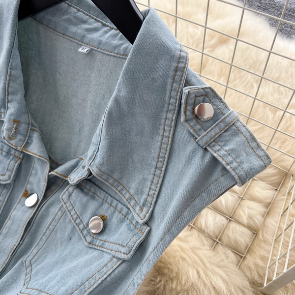 Lapeled Sleeveless Vintage Denim Dress