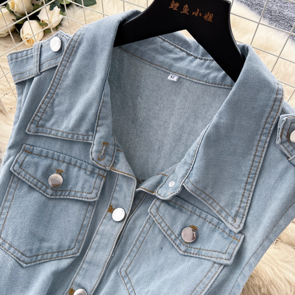 Lapeled Sleeveless Vintage Denim Dress