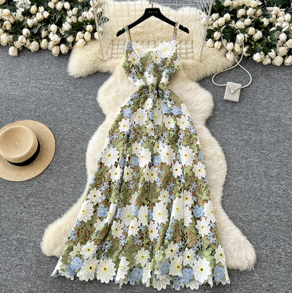 Colorful Hollowed Flower Slip Lace Dress