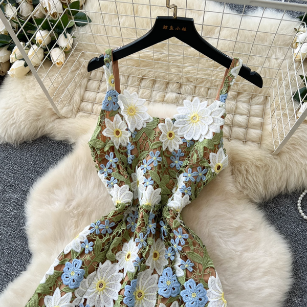 Colorful Hollowed Flower Slip Lace Dress