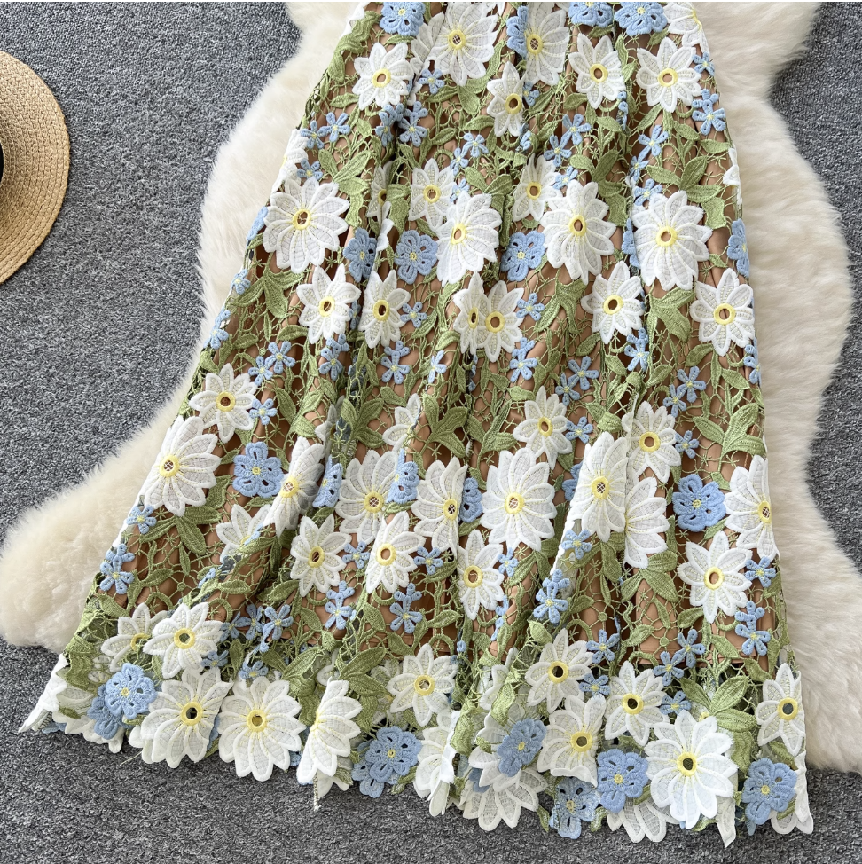Colorful Hollowed Flower Slip Lace Dress