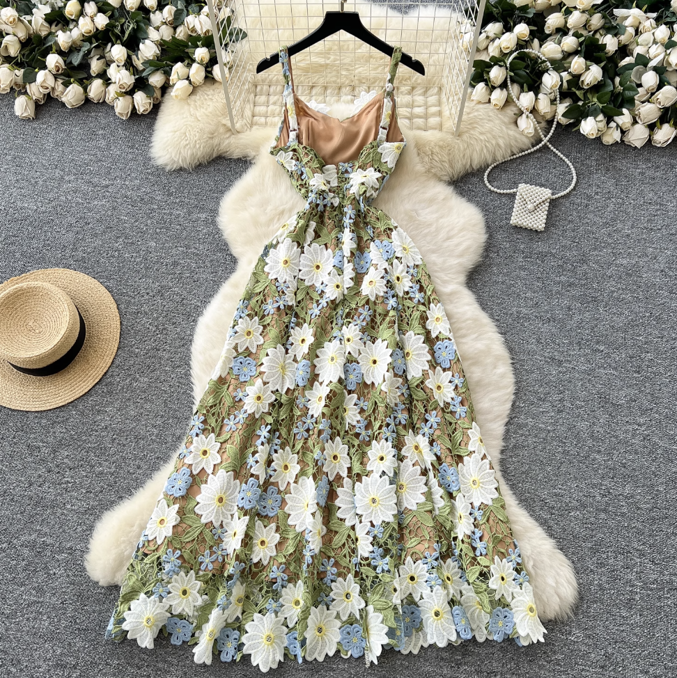 Colorful Hollowed Flower Slip Lace Dress