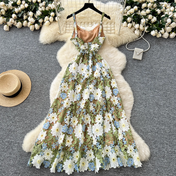 Colorful Hollowed Flower Slip Lace Dress