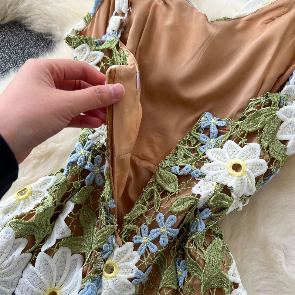 Colorful Hollowed Flower Slip Lace Dress