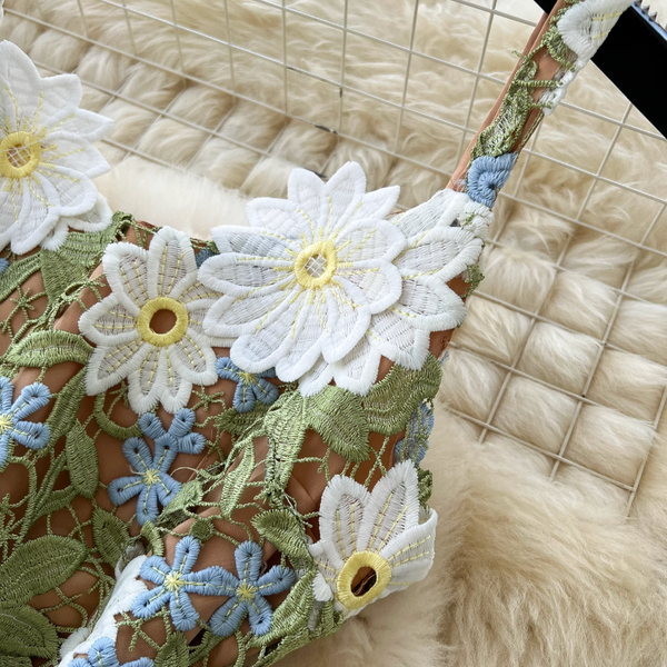 Colorful Hollowed Flower Slip Lace Dress