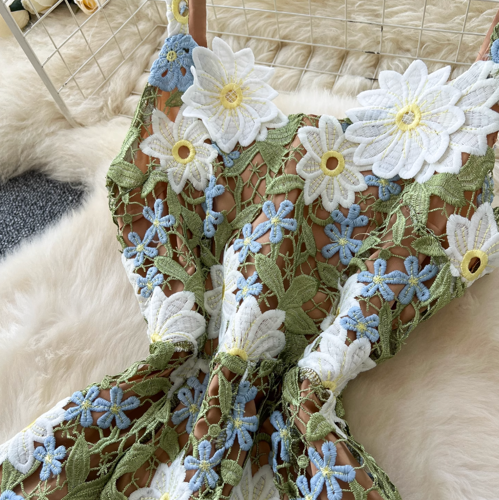 Colorful Hollowed Flower Slip Lace Dress