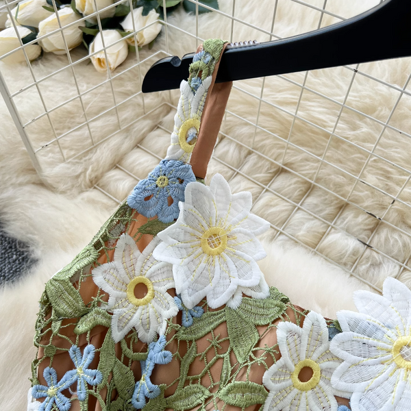 Colorful Hollowed Flower Slip Lace Dress