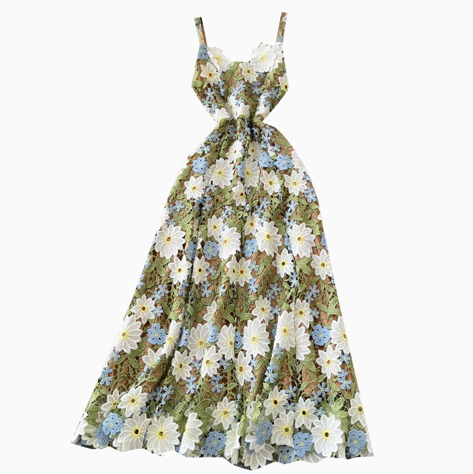 Colorful Hollowed Flower Slip Lace Dress