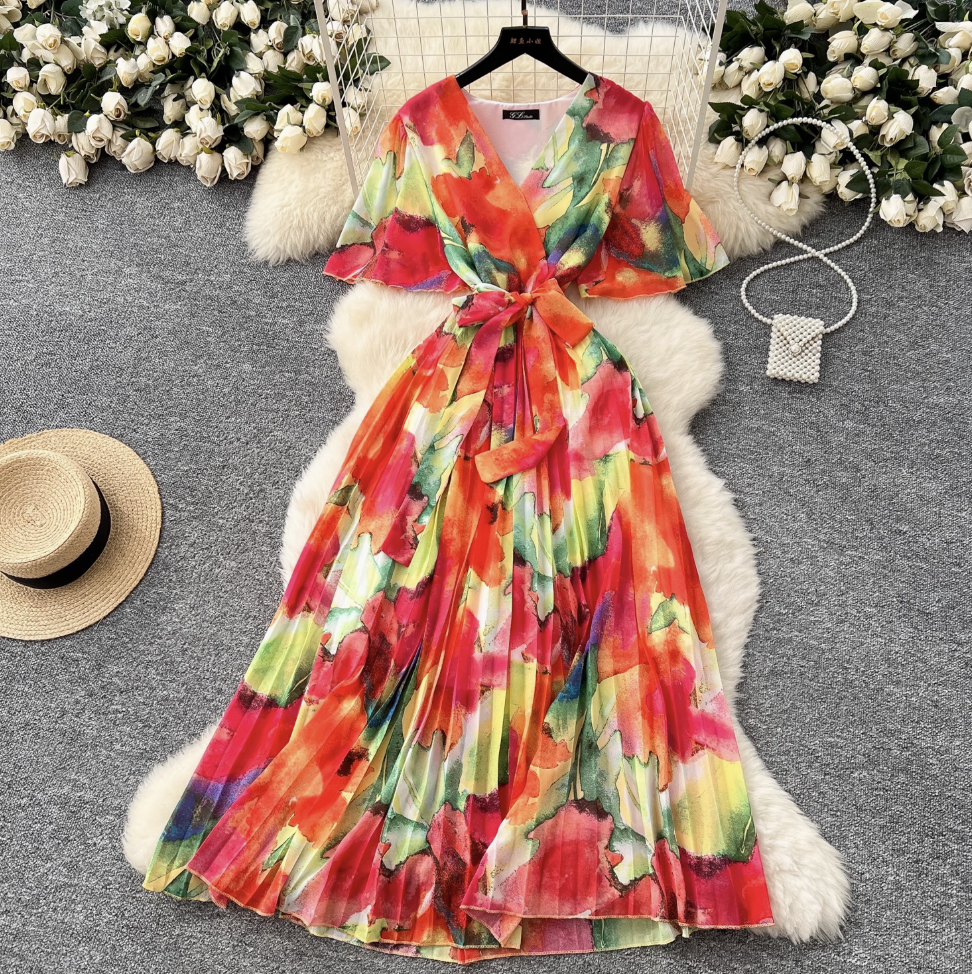 Premium V-neck Printed Chiffon Dress