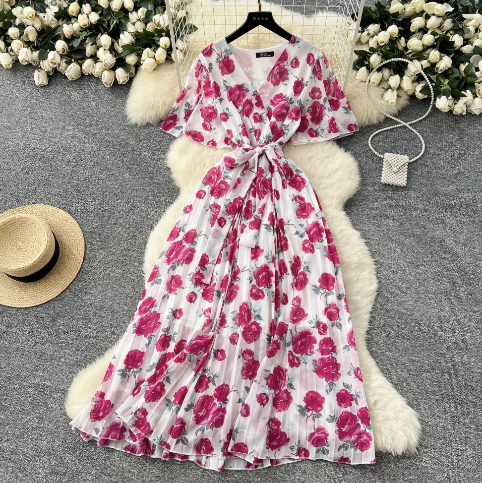 Premium V-neck Printed Chiffon Dress