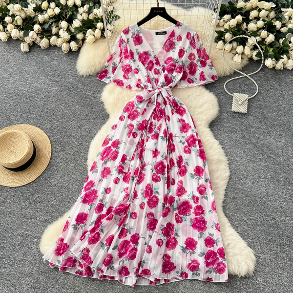 Premium V-neck Printed Chiffon Dress