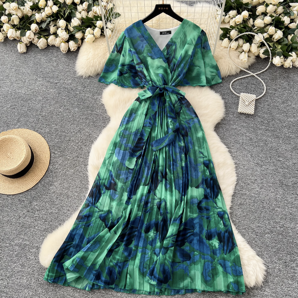 Premium V-neck Printed Chiffon Dress