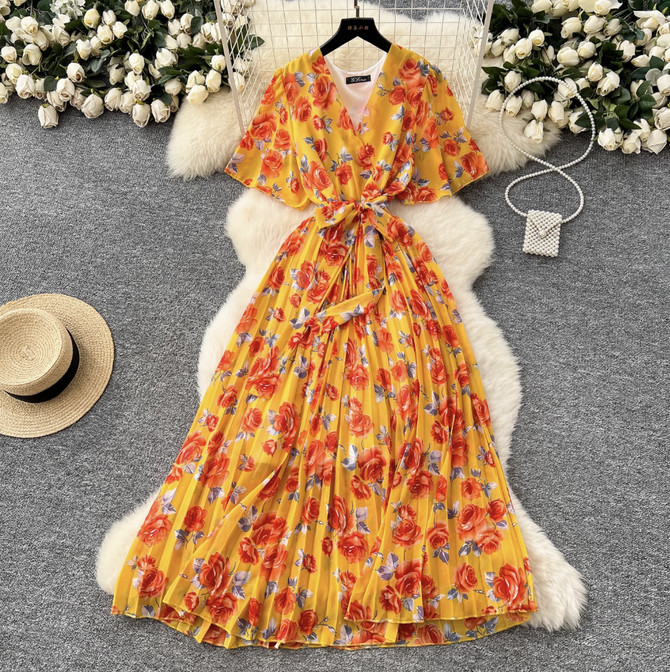 Premium V-neck Printed Chiffon Dress