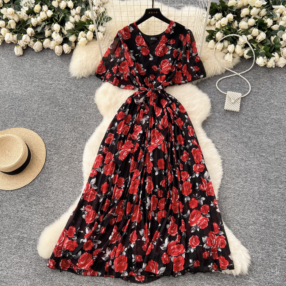 Premium V-neck Printed Chiffon Dress