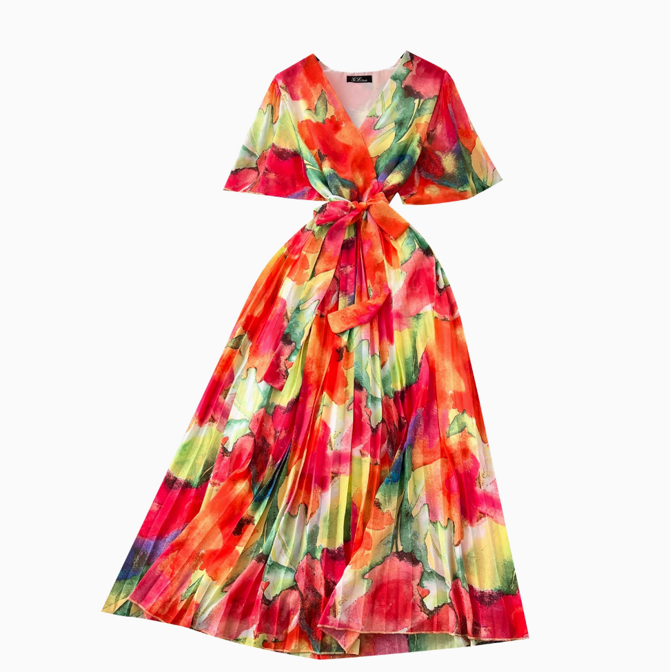 Premium V-neck Printed Chiffon Dress