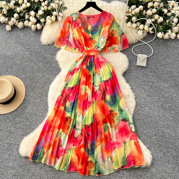 Premium V-neck Printed Chiffon Dress