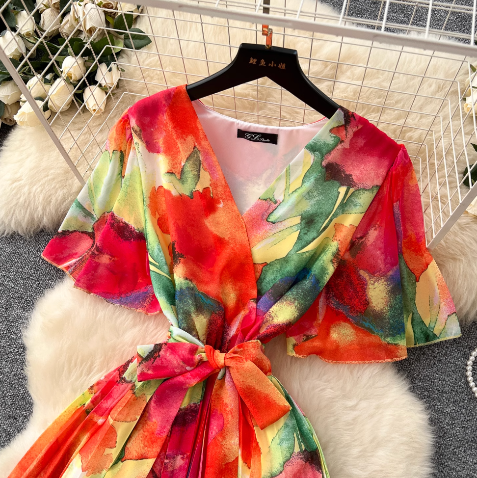 Premium V-neck Printed Chiffon Dress