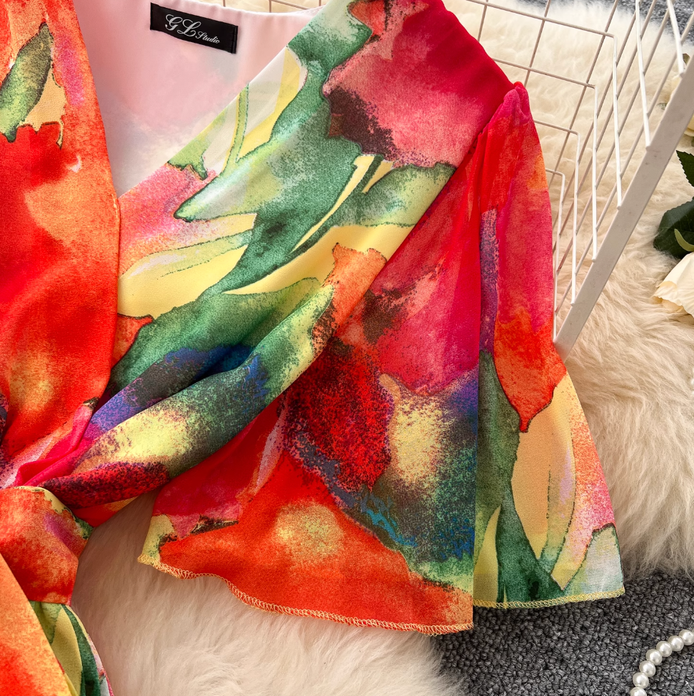Premium V-neck Printed Chiffon Dress