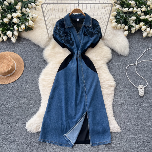 Vintage Polo Collar Denim Patchwork Dress