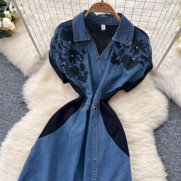 Vintage Polo Collar Denim Patchwork Dress