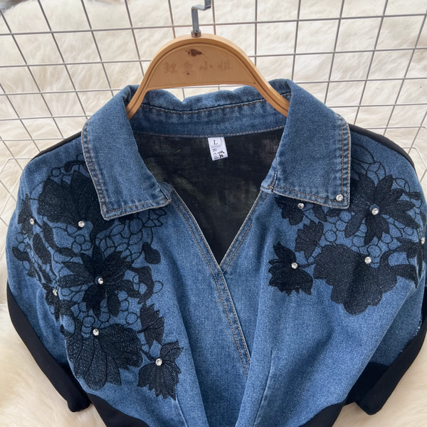 Vintage Polo Collar Denim Patchwork Dress