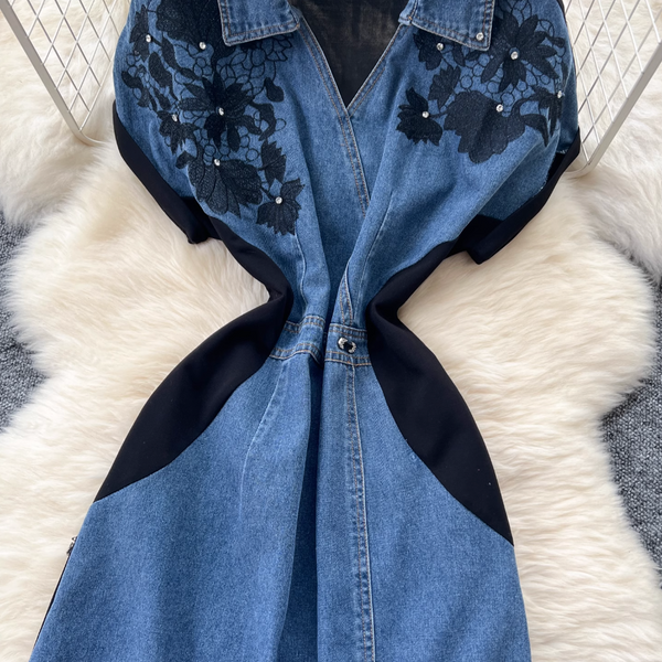 Vintage Polo Collar Denim Patchwork Dress
