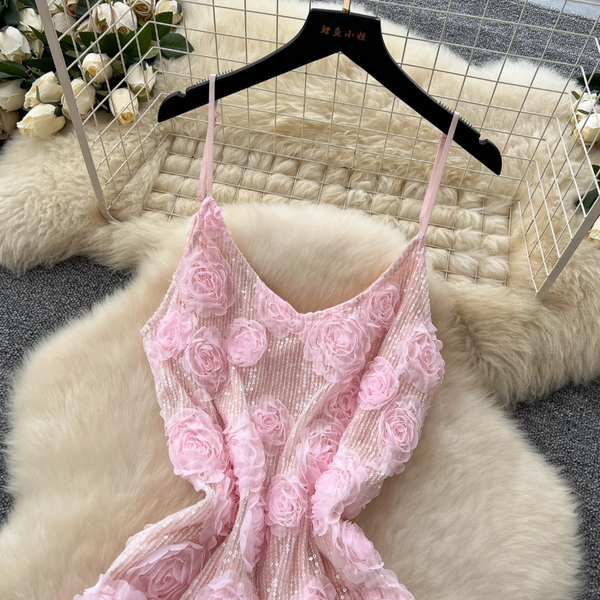 Sequined 3d Floral Slip Dress