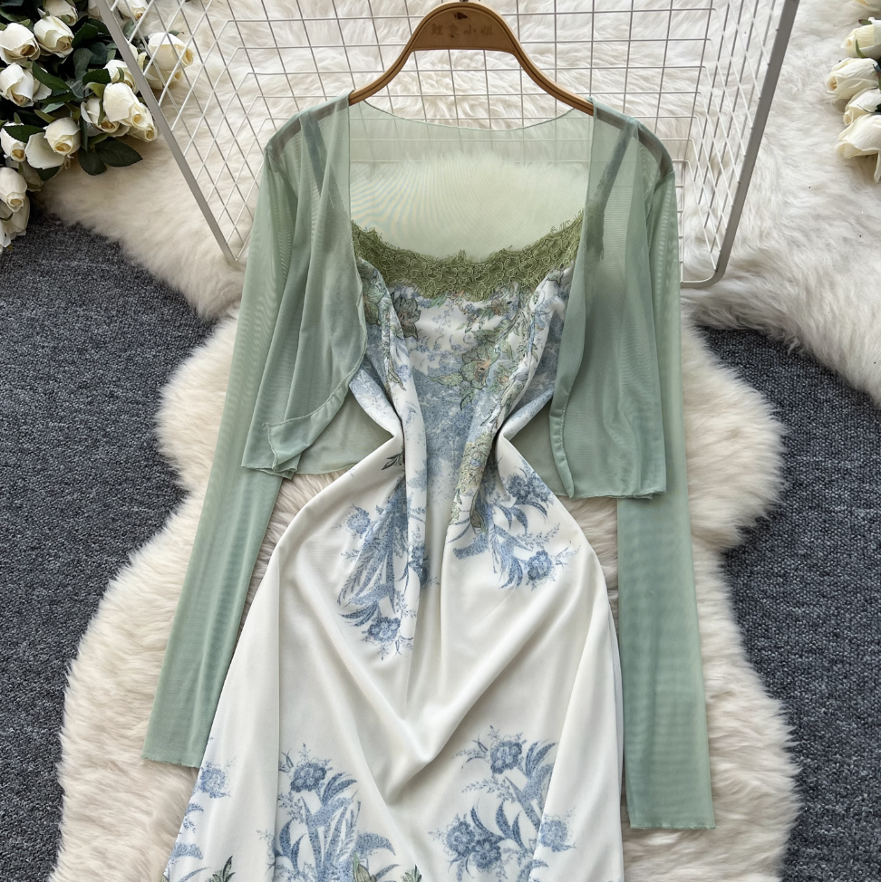 Mesh Cardigan & Floral Slip Dress 2Pcs
