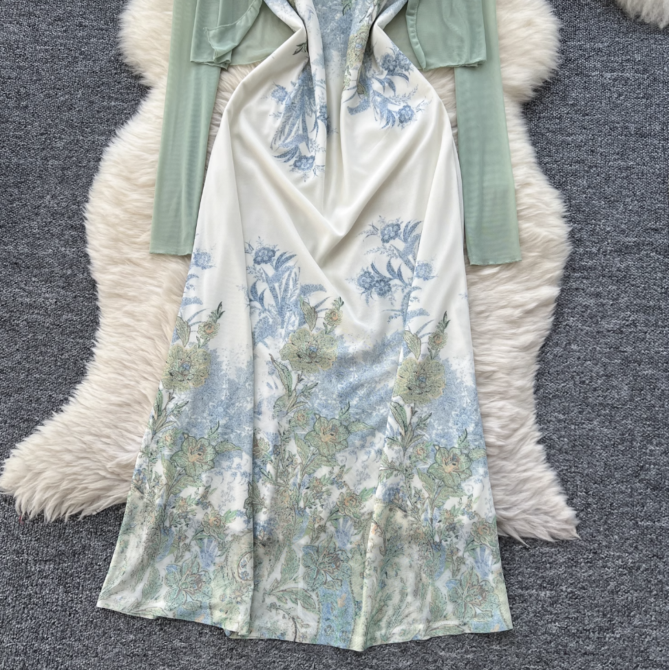 Mesh Cardigan & Floral Slip Dress 2Pcs