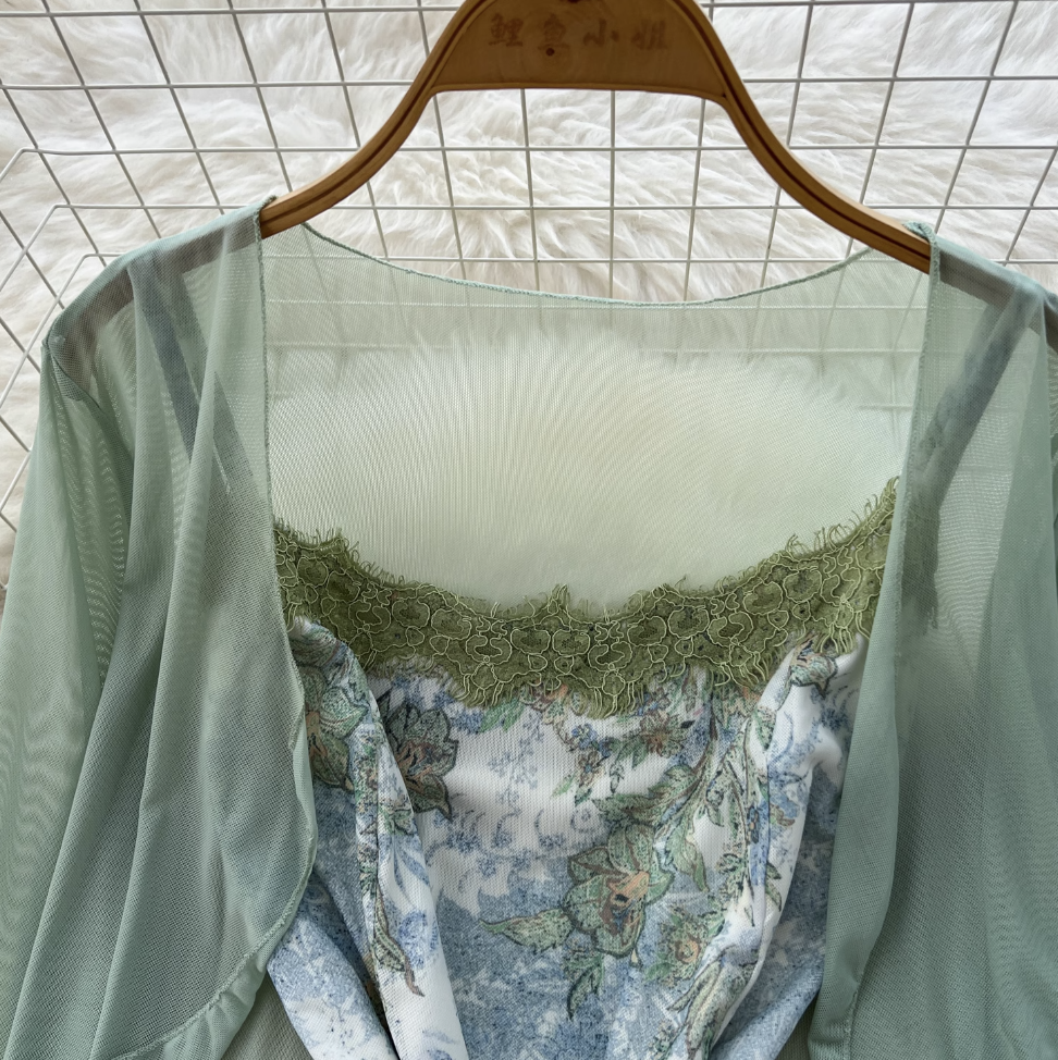 Mesh Cardigan & Floral Slip Dress 2Pcs
