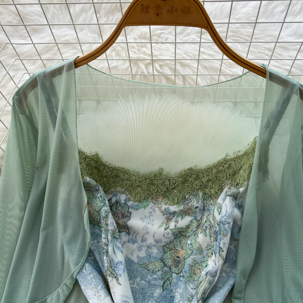 Mesh Cardigan & Floral Slip Dress 2Pcs