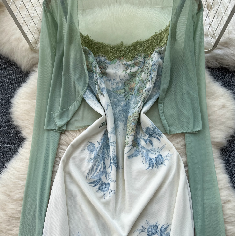Mesh Cardigan & Floral Slip Dress 2Pcs