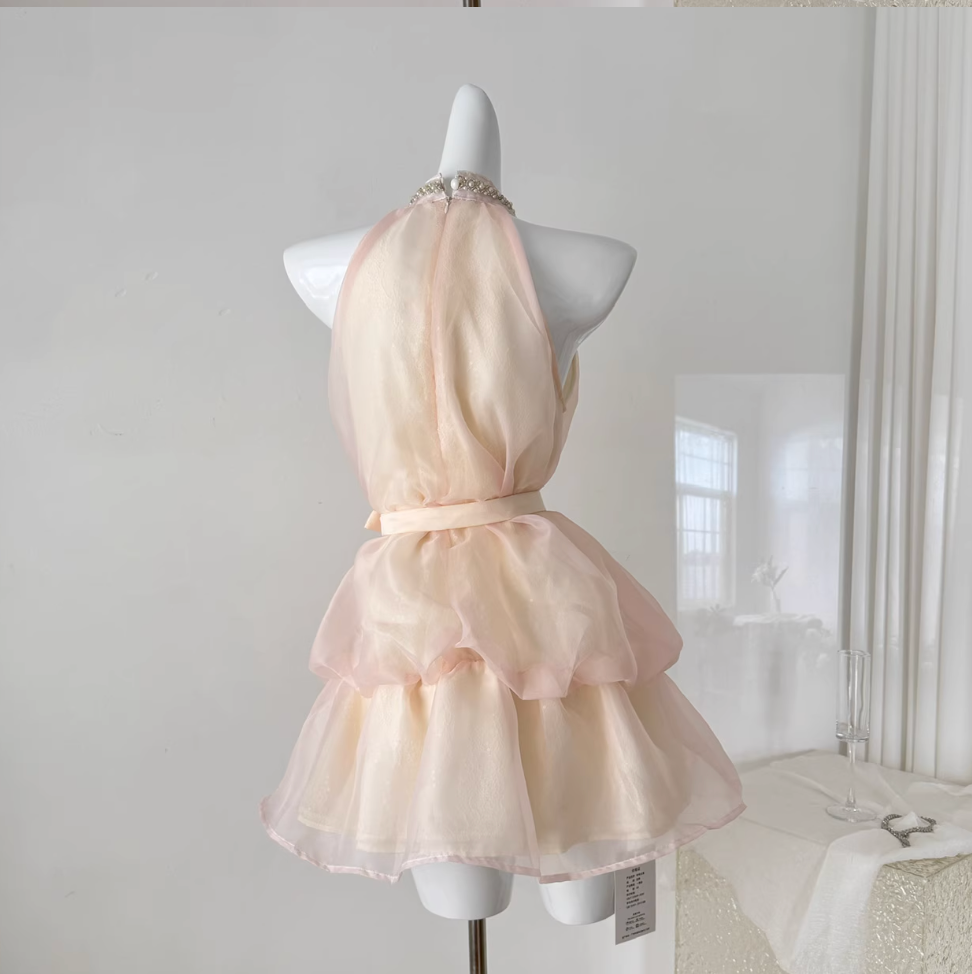 Sweetie Pink Mesh Halter Dress