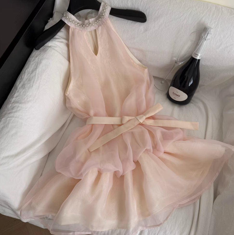 Sweetie Pink Mesh Halter Dress