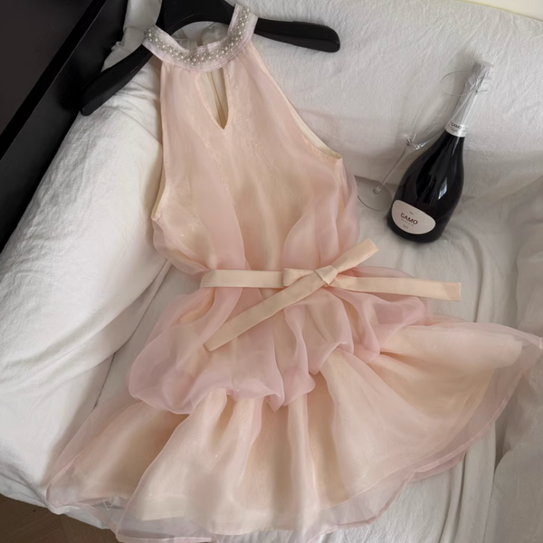 Sweetie Pink Mesh Halter Dress