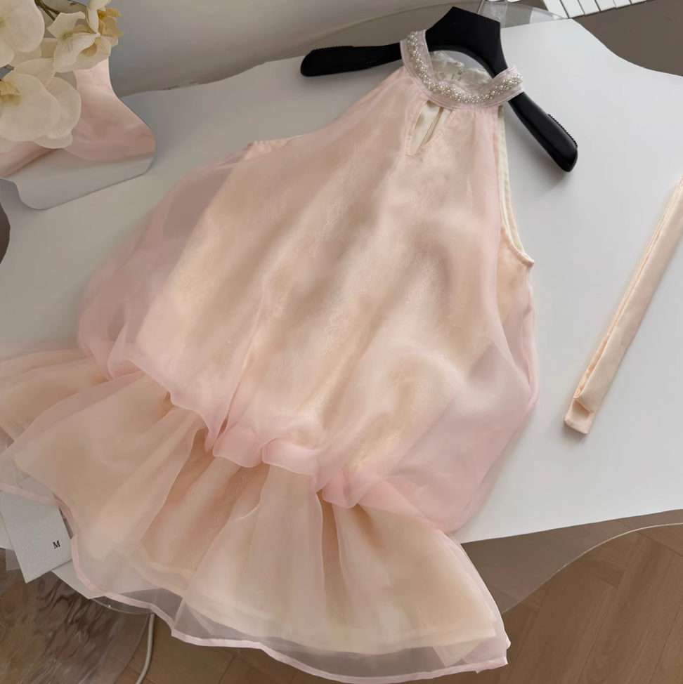 Sweetie Pink Mesh Halter Dress