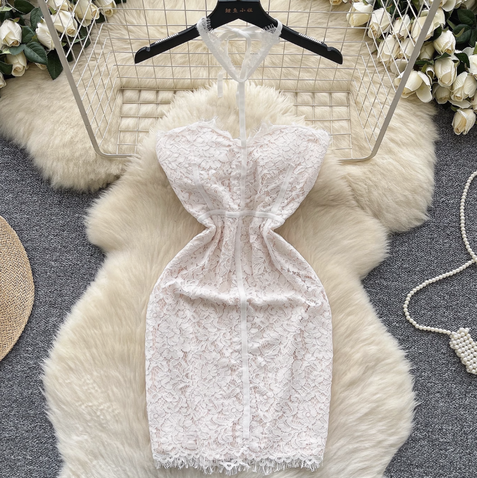 Embroidered Lace Bustier Halter Dress