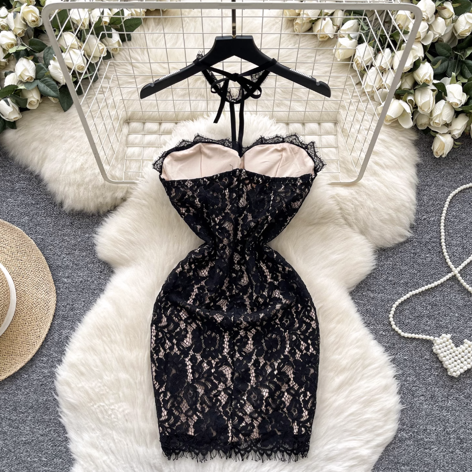 Embroidered Lace Bustier Halter Dress