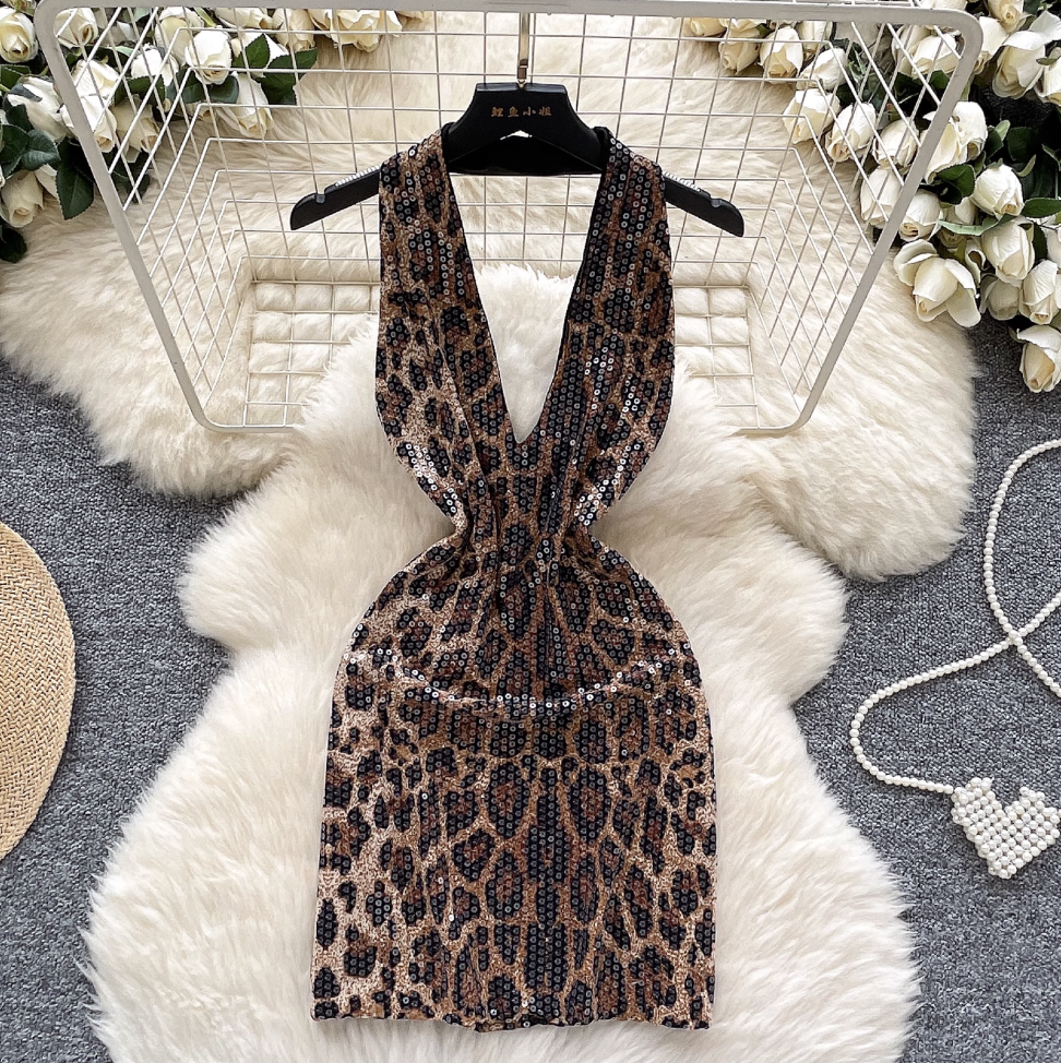 Deep V-neck Sequined Leopard Printed Dress