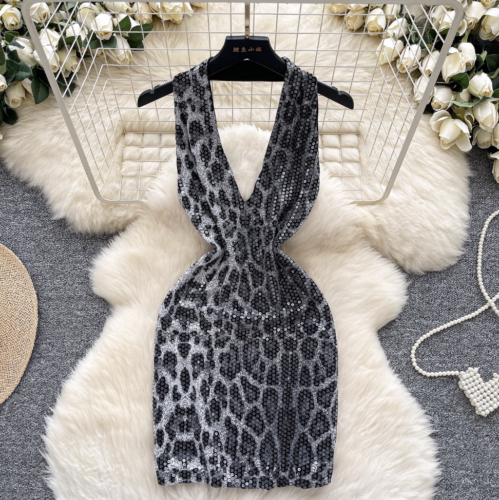 Deep V-neck Sequined Leopard Printed Dress