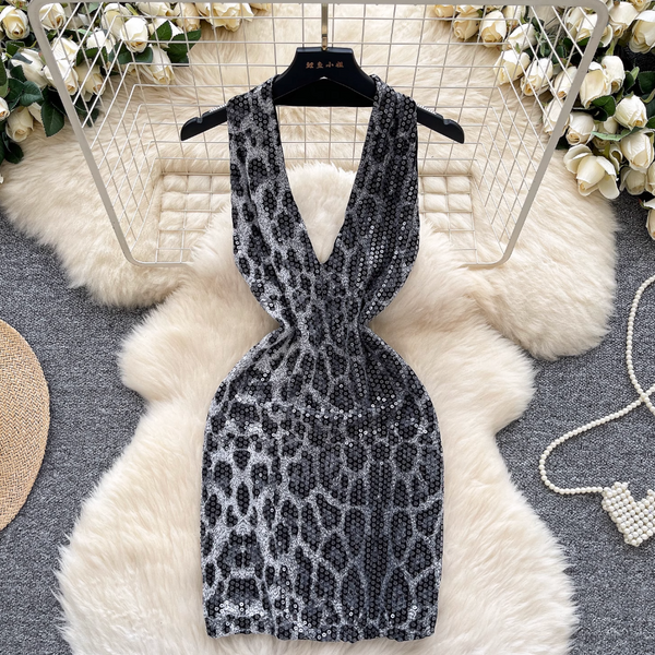 Deep V-neck Sequined Leopard Printed Dress