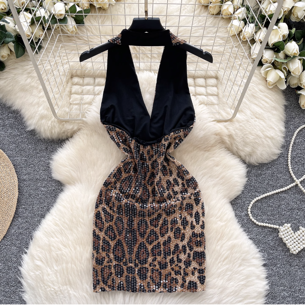 Deep V-neck Sequined Leopard Printed Dress