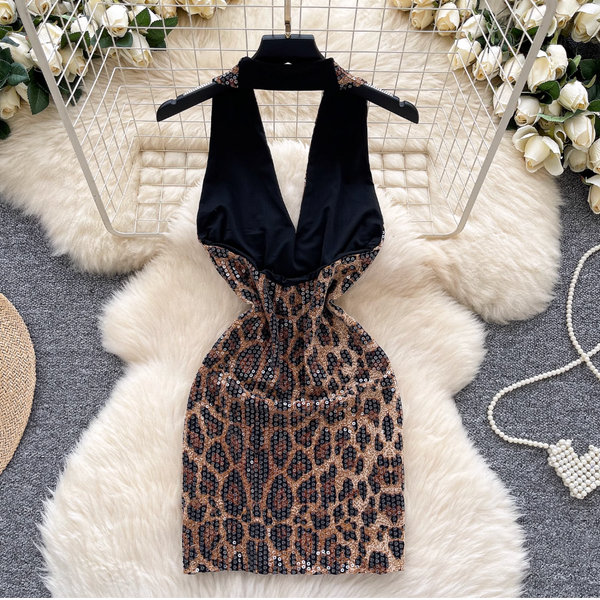 Deep V-neck Sequined Leopard Printed Dress