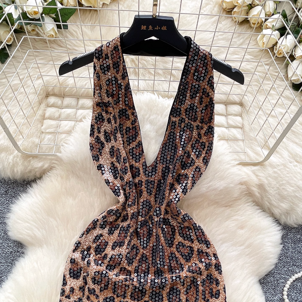 Deep V-neck Sequined Leopard Printed Dress