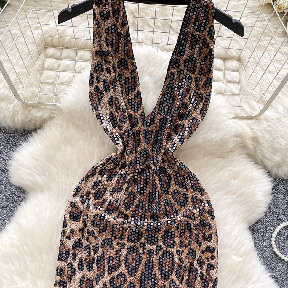 Deep V-neck Sequined Leopard Printed Dress